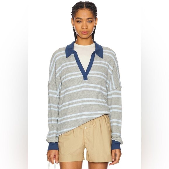 We The Free women’s heather grey blue Striped Travis Polo Tee boho preppy in M - Picture 1 of 9